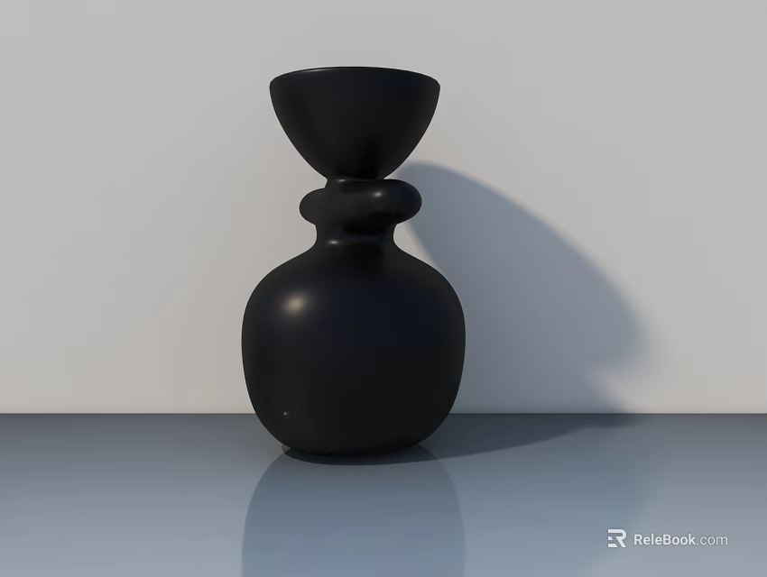 Black Sculptural Vase with Smooth Surface on Glossy Platform White Background 3d model