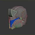 Futuristic Silver Metallic Helmet With Blue Visor And Mechanical Design Details