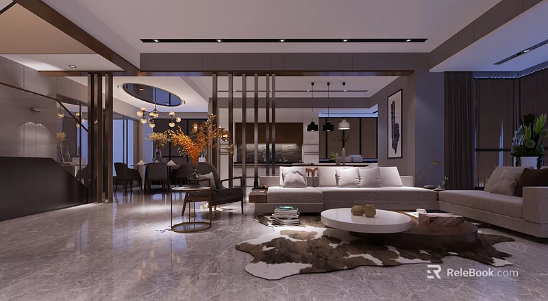 Modern Living And Dining Room Interior With Sofa Coffee Table Partition Artwork And Chandelier 3d model 