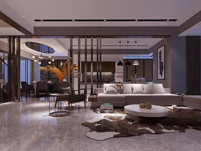 Modern Living And Dining Room Interior With Sofa Coffee Table Partition Artwork And Chandelier 3d model