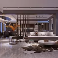 Modern Living And Dining Room Interior With Sofa Coffee Table Partition Artwork And Chandelier