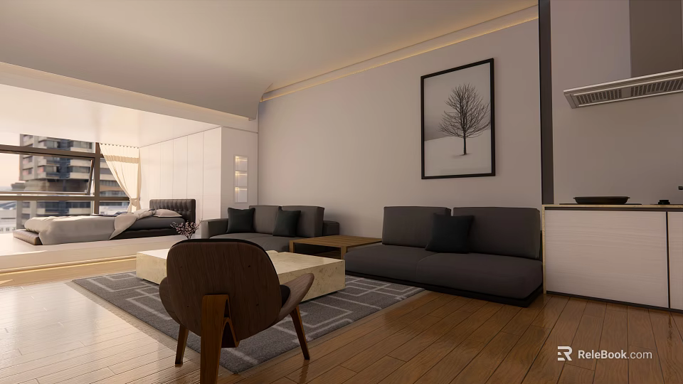 Modern Apartment Living Room With Gray Sofa Wooden Floor Rug And Wall Painting 3d model 