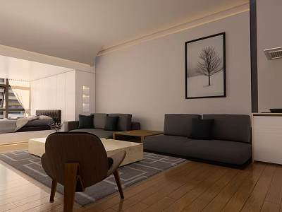 Modern Apartment Living Room With Gray Sofa Wooden Floor Rug And Wall Painting 3d model