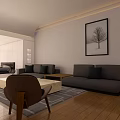 Modern Apartment Living Room With Gray Sofa Wooden Floor Rug And Wall Painting