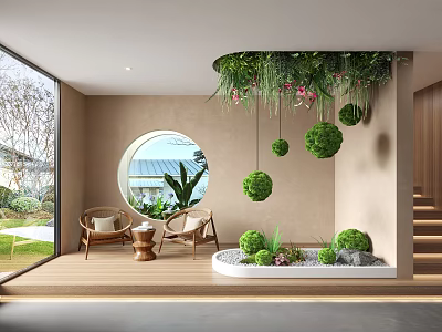 Indoor Landscape with Round Window Wicker Chairs Hanging Green Plant Balls and Wooden Floor 3d model