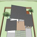 Modern Detached House With Large Glass Windows And Wooden Deck Surrounded By Green Trees