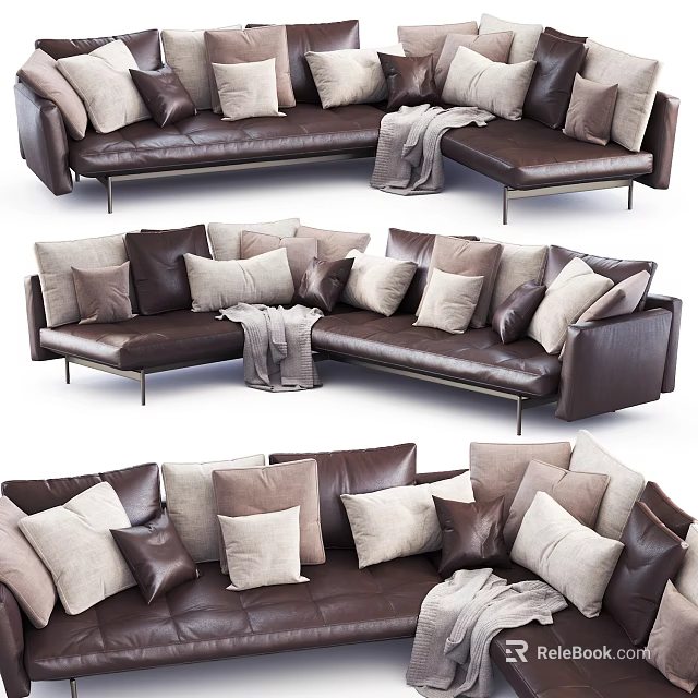 Brown Leather Sectional Sofa With Multiple Plush Cushions And Cozy Throw Blanket 3d model