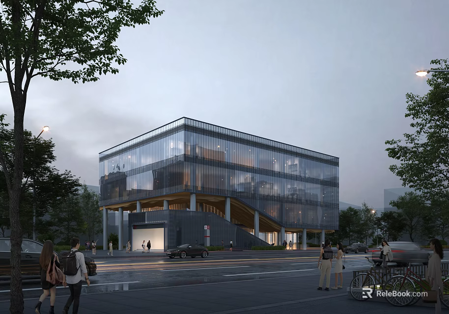 Modern Multi Story Glass Facade Office Building on Urban Street with Pedestrians Trees and Cars 3d model 