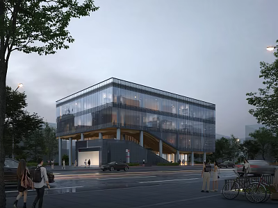 Modern Multi Story Glass Facade Office Building on Urban Street with Pedestrians Trees and Cars 3d model