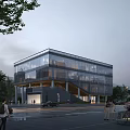 Modern Multi Story Glass Facade Office Building on Urban Street with Pedestrians Trees and Cars