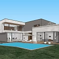 Modern Detached Villa With Outdoor Swimming Pool Balcony And Large Windows Surrounded by Trees