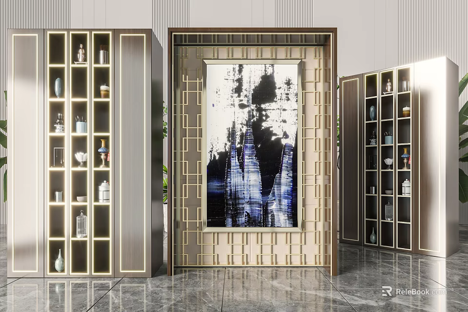 Elegant Modern Bookcase Design With Metal Frame Glass Doors And Decorative Items 3d model 
