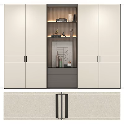 Modern Double Bed With Open Design Wardrobe And Storage Cabinets 3d model