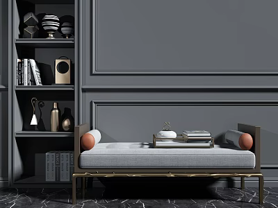 Modern Technology Exhibition Hall Interior With Gray Walls Bookshelf Bench And Marble Floor 3d model
