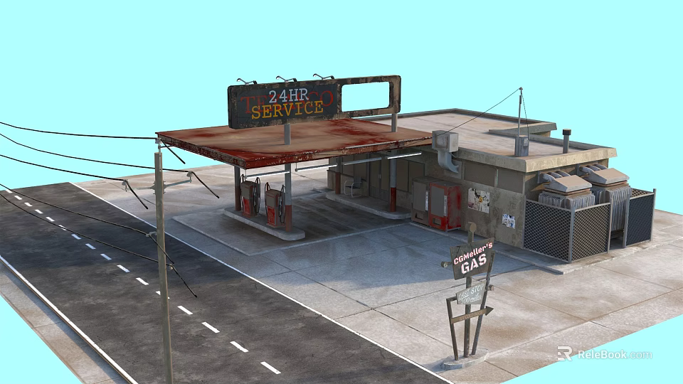 Old Gas Station With 24HR Service Sign Rusty Roof And Gas Pumps 3d model 