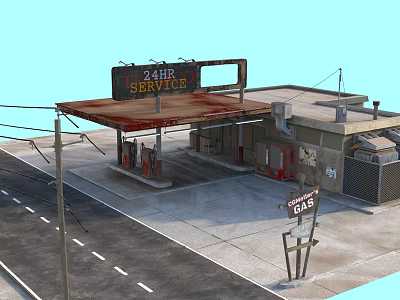 Old Gas Station With 24HR Service Sign Rusty Roof And Gas Pumps 3d model