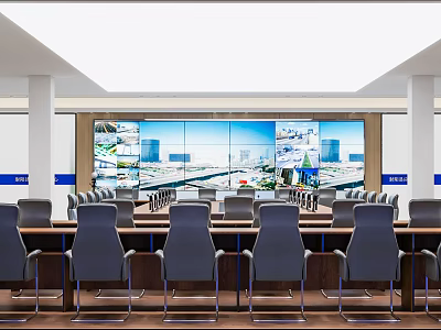 Professional Control Room Interior With Multiple Large Monitoring Screens And Conference Chairs 3d model