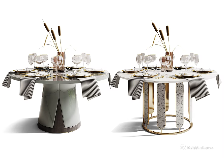 Elegant Dining Table With Striped Napkins Wine Glasses Decorative Reeds And Golden Gray Legs 3d model 