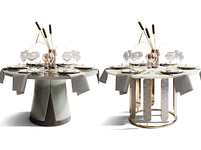 Elegant Dining Table With Striped Napkins Wine Glasses Decorative Reeds And Golden Gray Legs 3d model