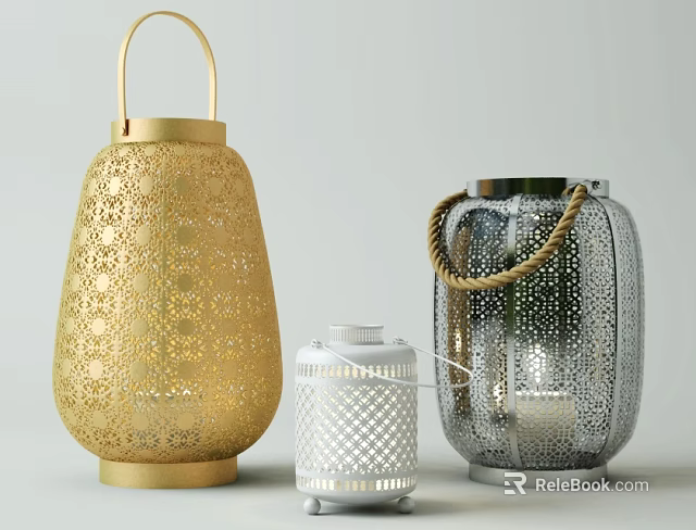 Three Candle Lanterns In Gold White Silver With Intricate Cutout Patterns And Handles 3d model 