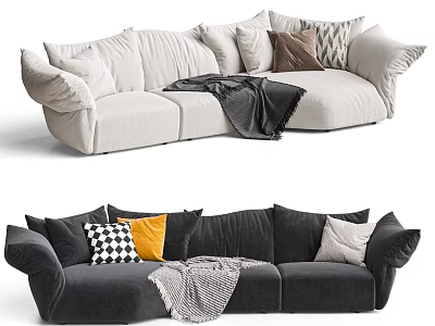 Light And Dark Colored Sectional Sofa With Multiple Throw Pillows Various Patterns And Soft Blankets 3d model