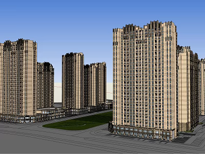 Modern High Rise Residential Buildings with Beige Dark Brown Facades Distinct Windows Green Lawn and Roads 3d model