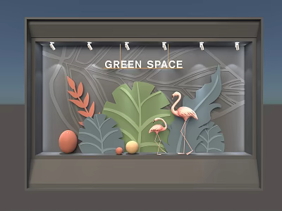 Green Space Themed Window Display With Flamingos Large Leaves And Orange Spheres 3d model