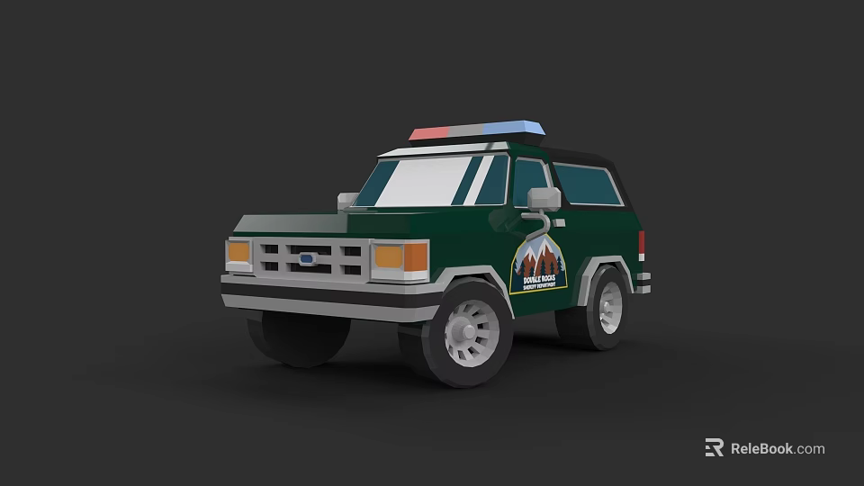 Cartoon Style Green Police Car with Roof Police Lights and Mountain Badge Design 3d model 