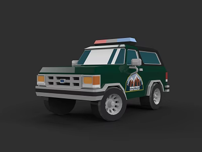 Cartoon Style Green Police Car with Roof Police Lights and Mountain Badge Design 3d model