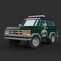 Cartoon Style Green Police Car with Roof Police Lights and Mountain Badge Design