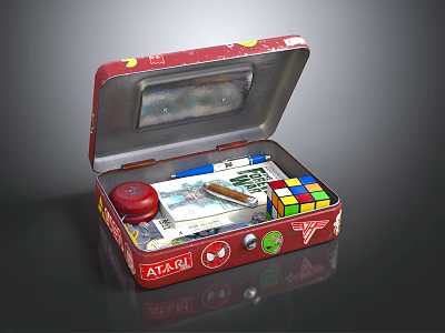 Open Red Metal Box With Rubik's Cube Pencils Stamp And Tape Storage 3d model