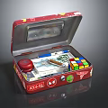 Open Red Metal Box With Rubik's Cube Pencils Stamp And Tape Storage