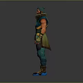 Muscular Game Movie Character With Gray White Short Hair Green Blue Outfit And Arm Guard
