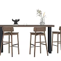 Modern Wooden Bar Counter With Three Bar Stools And Decorative Vase