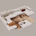 White Sectional Sofa Set with Red Gray Cushions Ottoman and Throw Blanket 3d model