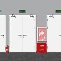 Safety Exit Setup With Green Signs White Doors Red Fire Cabinets And Extinguishers