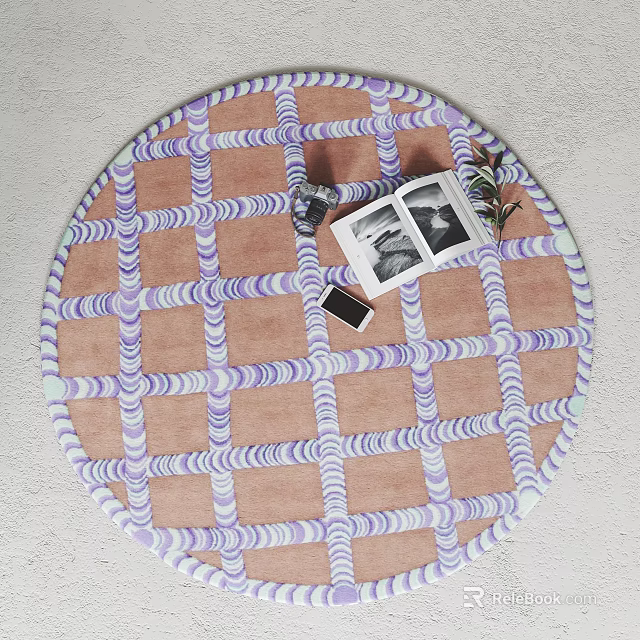 Round Rug with Pink Purple Lattice Pattern and Black White Photo Book Camera Green Twigs 3d model 