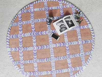 Round Rug with Pink Purple Lattice Pattern and Black White Photo Book Camera Green Twigs 3d model