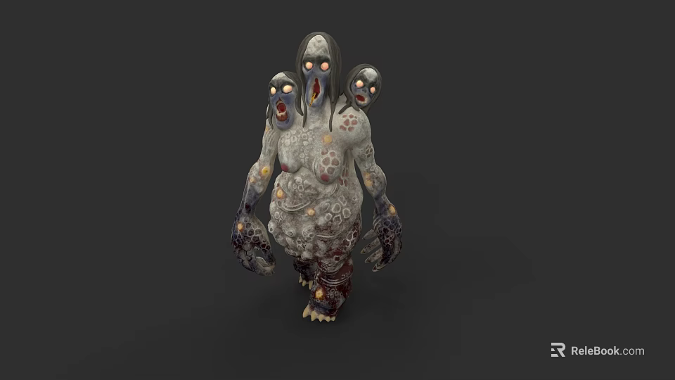 Three Headed Gray Monster With Tattoos And Blood Stains Fantasy Creature Design 3d model 