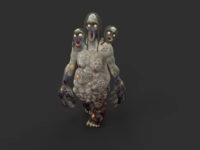 Three Headed Gray Monster With Tattoos And Blood Stains Fantasy Creature Design 3d model