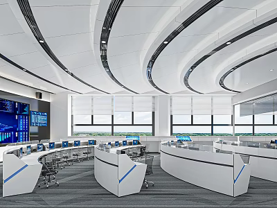 Modern Monitoring Room Interior With Curved Desks And Digital Screens 3d model
