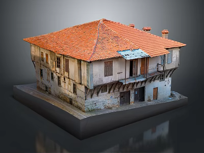 Traditional Residential Building Model With Orange Roof And Wooden Balcony 3d model