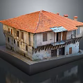 Traditional Residential Building Model With Orange Roof And Wooden Balcony
