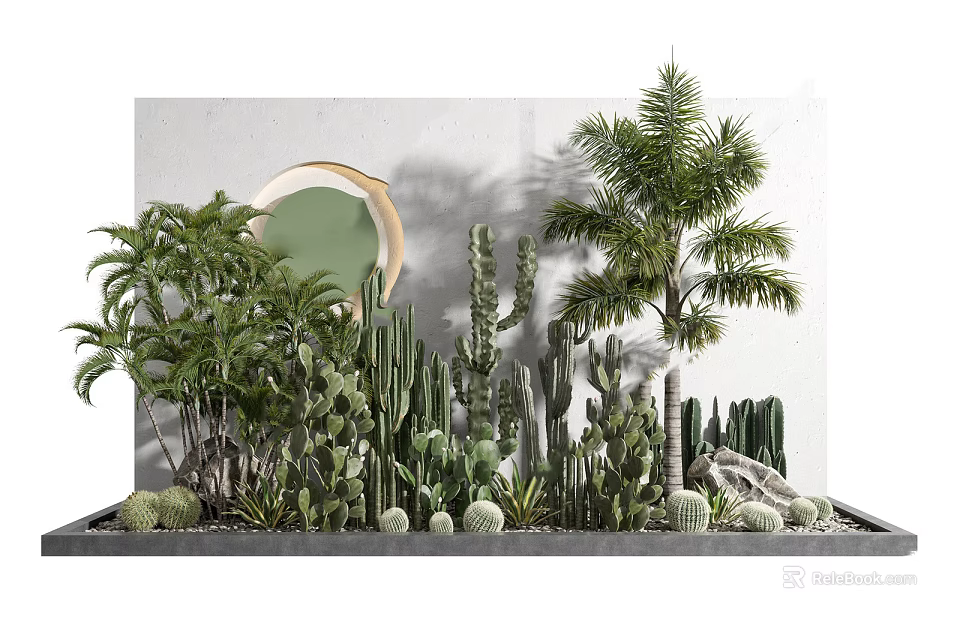 Indoor Tropical Plants Display With Palm Trees Cacti And Round Green Mirror 3d model 