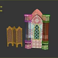 Traditional Islamic Inspired Decorative Furniture Set With Carved Wooden Screen And Patterned Columns