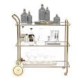 Elegant Gold Frame Three Tier Glass Bar Cart With Bottles Wine Glasses And Tools