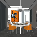 Hotel Mahjong Room Interior With Round Table Orange Chairs Pendant Light And Decorative Painting