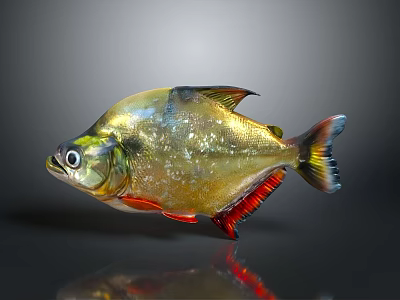 Golden Red Fish With Shiny Scales And Colorful Fins Against Gray Background With Reflection 3d model