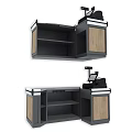 Modern Reception Desk Design With Wooden Panels Black Frame And Cash Register Scanner