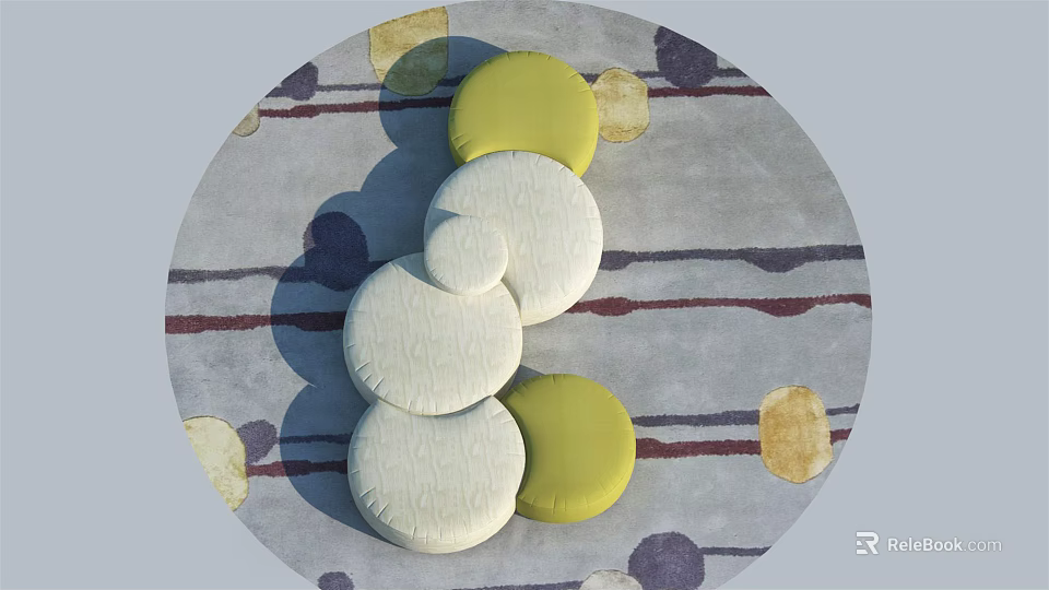 Unique Shaped Sofa with Circular White and Yellow Cushions on Striped and Dotted Pattern Rug 3d model 